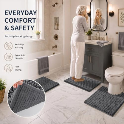 Yimobra Bathroom Rug Set 3 Piece, Super Absorbent Bath Mat Set, Dark Gray - color: Dark Gray, size: 24"x17" + 24"x20" + 30"x20"