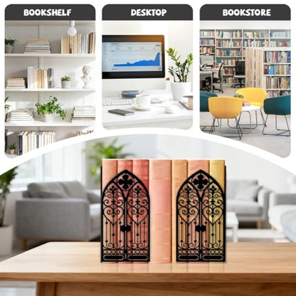 Peacoblue 5.5"x4.3"x8.3" Metal Bookends, Heavy Duty Book Ends for Shelves - style: Gothic Ornate Door