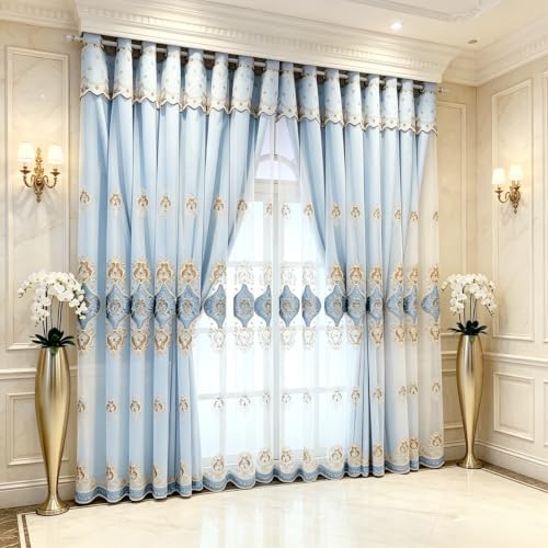 Amidoudou 1 Pair European Double Layer Curtains with Sheer Curtains for Living Room Bedroom Luxury Embroidered Blackout Curtains (Blue,52x95 Inch) - color: Blue, size: 52"W x 95"L (Pack of 2)