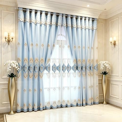 Amidoudou 1 Pair European Double Layer Curtains with Sheer Curtains for Living Room Bedroom Luxury Embroidered Blackout Curtains (Blue,52x95 Inch) - color: Blue, size: 52"W x 95"L (Pack of 2)