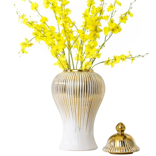 Ginger Jar, Decorative Porcelain Ginger Jar Vase with Lid, White Gold Ceramic Floor Vase for Decor Decor, Kitchen, Bookshelf Decor, Storage Jar(14in) - color: White and Gold, size: 14 inch