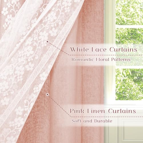 ASPMIZ Linen Pink Kitchen Tier Curtains 36 Inch Length, Double Layered Kitchen Curtain with Linen and Lace, Rod Pocket Window Curtains with Tiebacks, Boho Window Treatments for Bathroom Cafe, 2 Panel - color: Light Pink, size: 26"W x 36"L (Pack of 2), sty