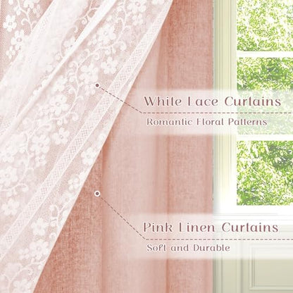 ASPMIZ Linen Pink Kitchen Tier Curtains 36 Inch Length, Double Layered Kitchen Curtain with Linen and Lace, Rod Pocket Window Curtains with Tiebacks, Boho Window Treatments for Bathroom Cafe, 2 Panel - color: Light Pink, size: 26"W x 36"L (Pack of 2), sty
