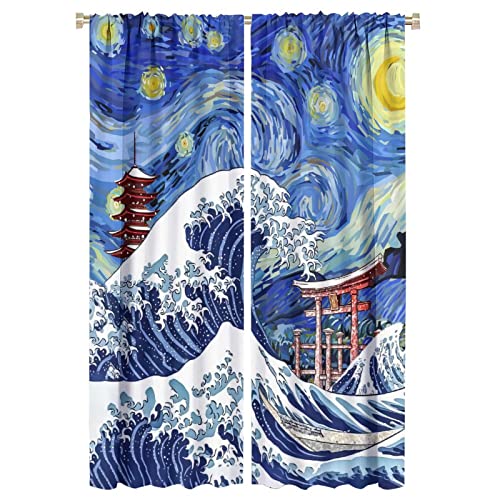 Japanese Asian Art Rod Pocket Blackout Curtains - Blue Anime Ocean The Great Waves Fantasy Starry Sky Torii Window Treatment,Thermal Insulated Room Darkening Curtains 2 Panels 63L x 21W - color: Japanese Asian Art, size: 21"W x 63"L (Pack of 2)