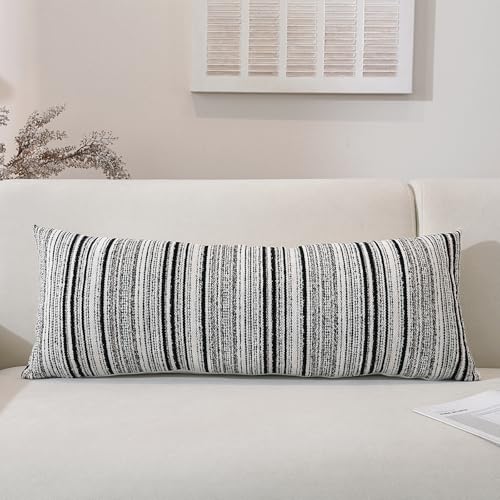 Chenille Throw Decorative Pillow Covers 36x14 Set of 1, Textured Striped Boho Couch Pillow Covers, Cozy Neutral Farmhouse Cushion Cover for Couch Sofa Bedroom Living Room, Black - color: Black Stripe, size: 36" x 14" (Pack of 1)