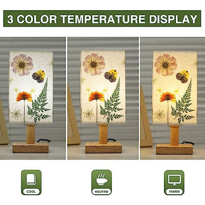Dried Flowers Table Lamp 5W LED 3Color Temperatures Pressed Flower Bedside Lamp Square Linen Shade with Wood Base for Bedroom Living Room - color: Square-3-Color