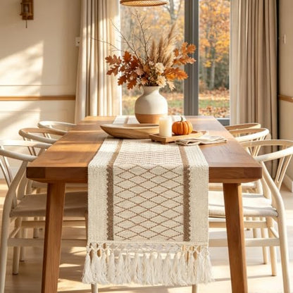 yuboo Fall Boho 72 Inches Table Runner, Modern Farmhouse Dresser Cover Top - color: Beige&cream, size: 72 inch