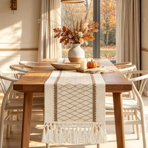 yuboo Fall Boho 72 Inches Table Runner, Modern Farmhouse Dresser Cover Top - color: Beige&cream, size: 72 inch