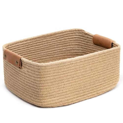 CHICVITA Large Woven Rope Gift Basket with Leather Handles, 20L, Jute - color: Jute, size: 14.5 x 13 x 6 Inch