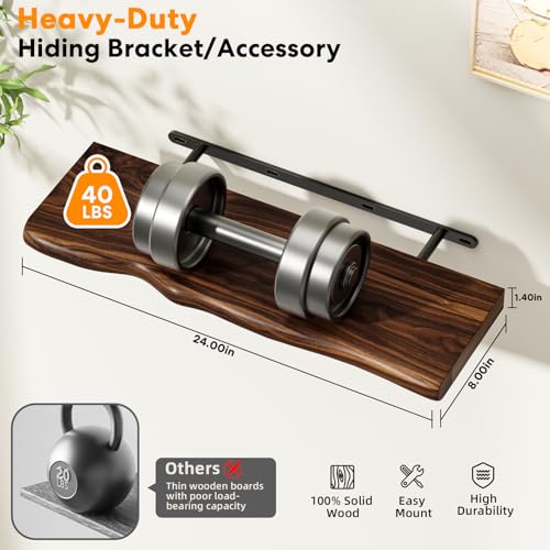 Walnut Finish Floating Shelves,Hidden Brackets,2-Pack,24 Inches Each