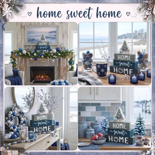 Cinnvoice 4 Pcs Blue Christmas Wooden Home Sweet Home Block Shelf Decor - style: Blue Christmas