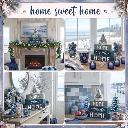 Cinnvoice 4 Pcs Blue Christmas Wooden Home Sweet Home Block Shelf Decor - style: Blue Christmas