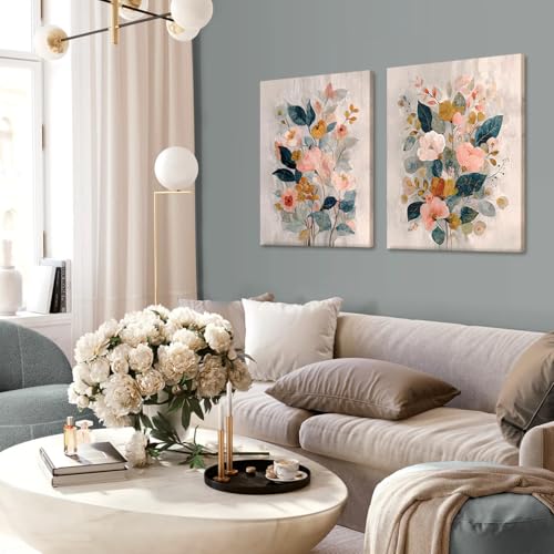 RUMSICH 2 Pcs Watercolor Floral Canvas Wall Art 16x24 Inch Framing - color: pink flowers, size: 24"L x 16"W
