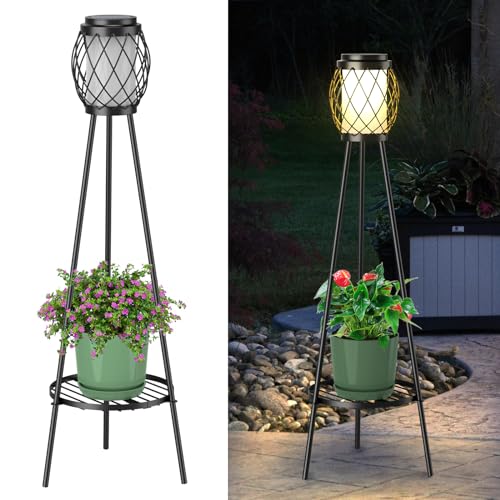 MXwcy 2-in-1 Solar Lights Outdoor with Plant Stand, Waterproof Vintage Solar Floor Lamp & Metal Planter Holder, Tall Geometric Lantern Tripod for Patio, Garden, Yard, Porch Decor (2 Pack) - color: B- 2Pack Black - Single shelf, size: Medium