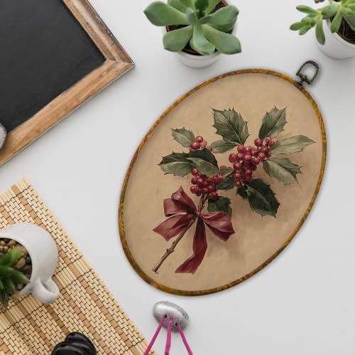 XPH Red Bow Holly Christmas Oval Wall Art Framed 8.6x11.4 Inch - color: Christmas56