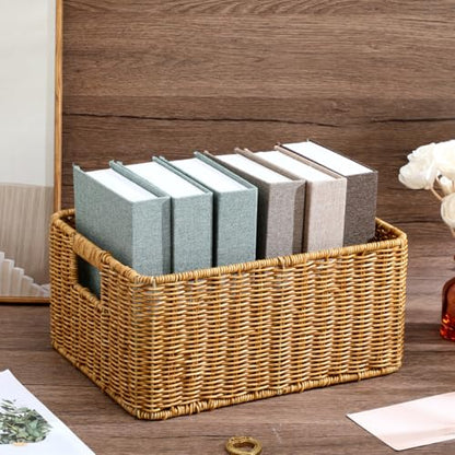 Hemobllo Imitation Woven Rattan Basket Desktop Storage Bin with Handles Large Capacity Shelf Organizer for Organizing Toys Pantry Sundries 13.38''