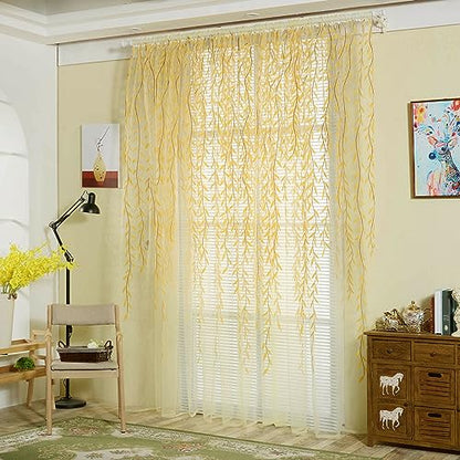 Ufurty 2pcs Willow Leaf Window Curtain Voile Tulle Sheer Vine Curtains - color: Yellow Leaf, size: 39.4"W x 78.7"L (Pack of 2)
