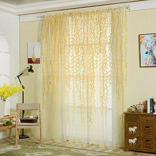 Ufurty 2pcs Willow Leaf Window Curtain Voile Tulle Sheer Vine Curtains - color: Yellow Leaf, size: 39.4"W x 78.7"L (Pack of 2)
