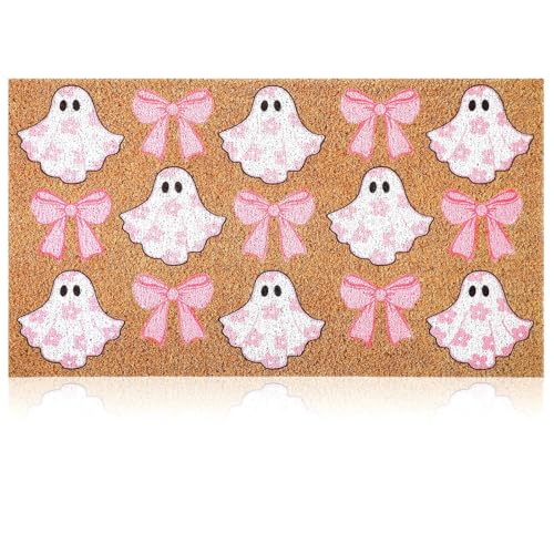 Dunzy Halloween Welcome Mat Pink Ghost Door Mat Bow Floral Halloween Rug - style: Flower Bow Ghost