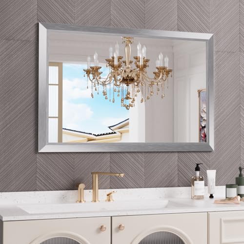 Amorho Bathroom Mirror for Wall 48x32 Inch, Brushed Silver Metal Framed - color: Silver, size: 48"L x 32"W
