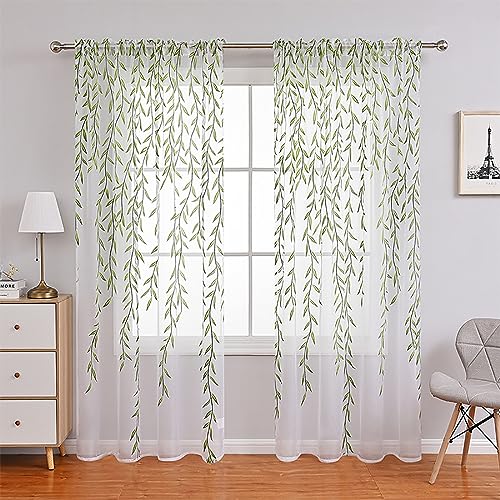 Ufurty 2pcs Willow Leaf Window Curtain Voile Tulle Sheer Vine Curtains - color: Green Leaf, size: 39.4"W x 78.7"L (Pack of 2)