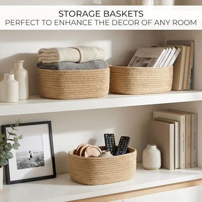 Beautiful Storage Basket Set of 3 - Sturdy Jute Rope Baskets for Shelves - color: Jute-Brown