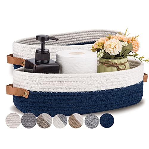 Set of 2 Toilet Basket,Woven Storage Basket for Toilet Tank Top Farmhouse Home Decor Organizing Baskets 13"x5.9"x4" Navy Stitching White - color: 2 pack Navy Stitching White