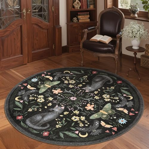 GarveeHome Round Area Rugs 5ft for Bedroom, Cat Black Washable Circle Rug Soft Non Slip Mushroom Floral Floor Mat Carpet Indoor Thin Rug for Bedroom Dining Room Playroom Nursery Gothic Decor - color: Black, size: 5' (Round)