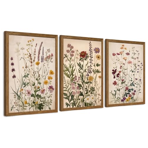 WRFON Botanical and Flower Canvas Wall Art, Framed Wildflower Wall Art Set of 3, Vintage Meadow Flower Canvas Prints, Cottagecore Floral Decor for Living Room Bedroom Bathroom Farmhouse Home, 20x30 - color: Vintage Wildflower(Framed), size: 30"L x 20"W