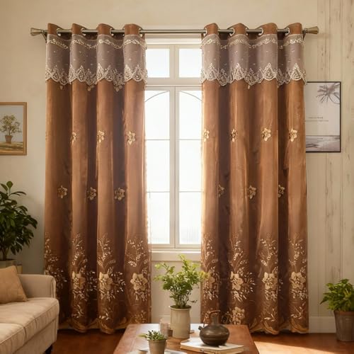 Amidoudou 1 Pair European Double Layer Curtains for Living Room Bedroom Luxury Flower Embroidered Curtains with Valance (Brown,52x90 Inch) - color: Brown, size: 52"W x 90"L (Pack of 2)