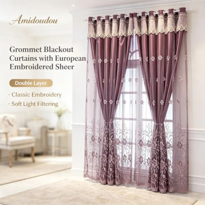 Amidoudou 1 Pair European Double Layer Curtains for Living Room Bedroom Luxury Flower Embroidered Curtains with Valance (Purple,54x84 Inch) - color: Purple, size: 54"W x 84"L (Pack of 2)
