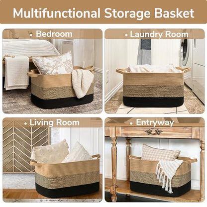 Goodpick Large Woven Blanket Basket, Rectangle, Black Jute, 75L - color: Black Jute, size: Large(21.6"L x 14.9"W x 11.8"H)