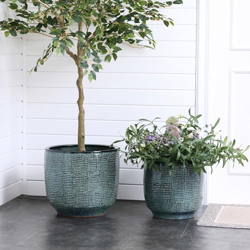 LuxenHome 12" Large Round Ceramic Pots for Plants, Glazed Green Planter