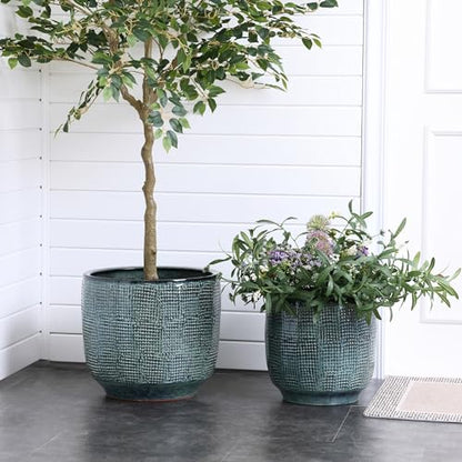 LuxenHome 12" Large Round Ceramic Pots for Plants, Glazed Green Planter