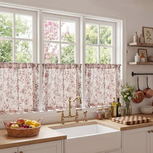 jinchan Floral Linen Kitchen Tier Curtains, 24 Inch, 2 Panels, Maroon - color: Amlie Maroon, size: 26"W x 24"L (Pack of 2)
