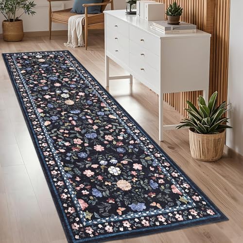 GarveeHome Washable Floral Runner Rug 2.5x8 Non-Slip Hallway Dark Grey Blue - color: Dark Grey Blue, size: 2'6" x 8' (Rectangular)