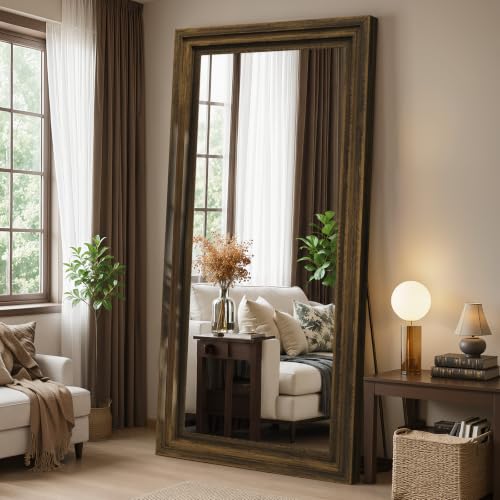 Wood Full Length Mirror 76"x34", Large Solid Wood Frame Floor Mirror - color: Walnut Wood, size: 76"L x 34"W