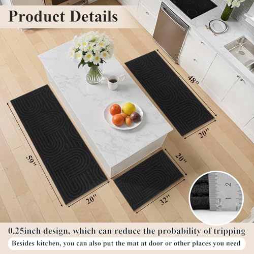 U'Artlines Kitchen Rugs and Mats Set of 3, Black 20x32+20x48+20x59 - color: Black