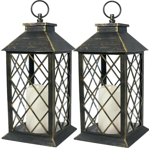 2-Pack 13.5" Vintage Candle Lantern with LED Candle (Distressed Gold, 6hr Timer) - IP44 Waterproof Outdoor Hanging Lanterns Battery Powered - Tabletop Lantern Decorative Home Lanterns - color: [2-Pack] Distressed Gold Lantern - White Candle