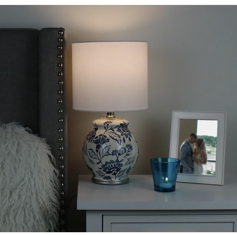 Floral Ceramic Table Lamp, Exclusive Blue and White Floral Ceramic Base Design, Includes Clean White lamp Shade