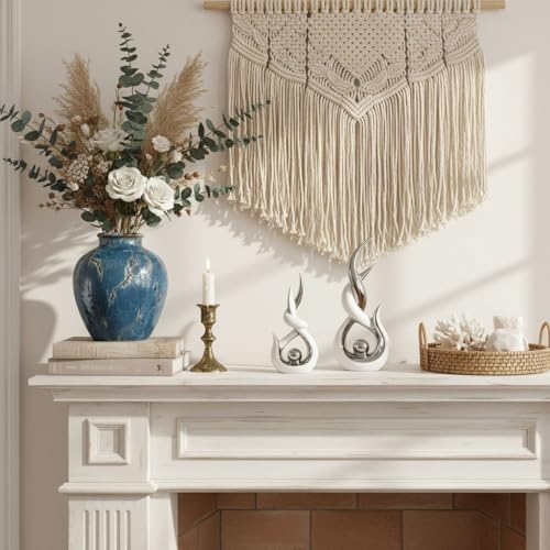 White Silver Ceramic Abstract 2 Piece Statue Set,Mid Century Modern Abstract Art Home Decor Statue Mantelpiece on Unique Shelf Decor, TV Cabinet Divider Table top and Dining Table Centerpiece - color: White Silver