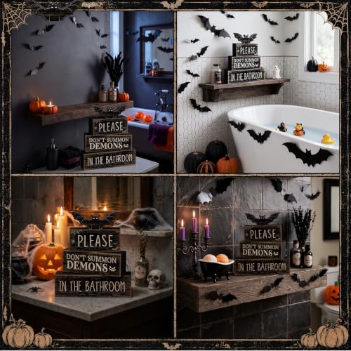 Moucuny 4 Pcs Halloween Bathroom Decoration Gothic Bat Wooden Stacked Block - style: Bat & Demon