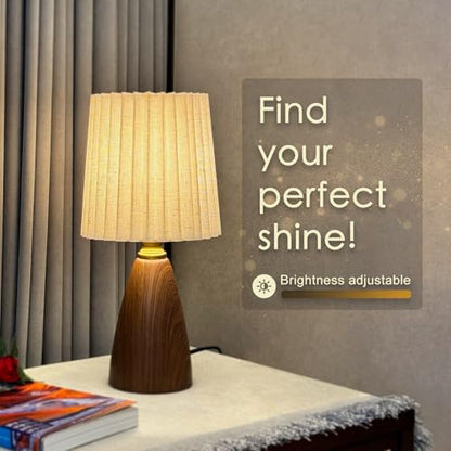 Small Pleated Table Lamp for Bedroom, Bedside Lamps for Nightstand, Dimmable Desk Lamp Ceramic Wood Grain Base Round Flaxen Fabric Shade for Living Room, Kids Room,LED Bulb Included(Art Deco) - style: Art Deco