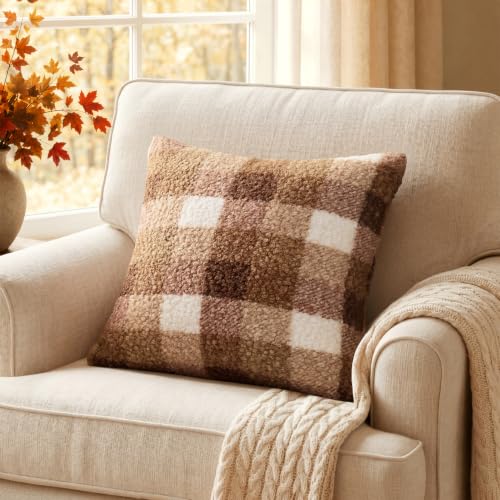 MIULEE Fall Plaid Pillow Covers Boucle Khaki White 18x18 Set of 2 - color: Khaki White, size: 18" x 18" (Pack of 2)