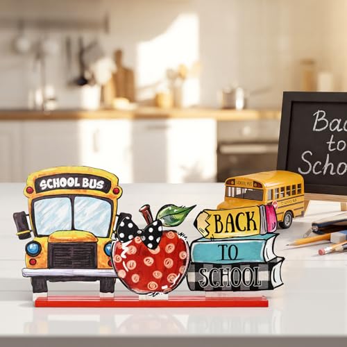 Smile Back to School Wooden Table Decor Book Stack, Polka Dot Apple, School Bus Desktop Signs - Classroom & Home Office Tabletop Decorations School Gift for Students, Teachers - style: School