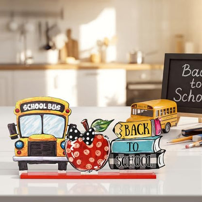 Smile Back to School Wooden Table Decor Book Stack, Polka Dot Apple, School Bus Desktop Signs - Classroom & Home Office Tabletop Decorations School Gift for Students, Teachers - style: School