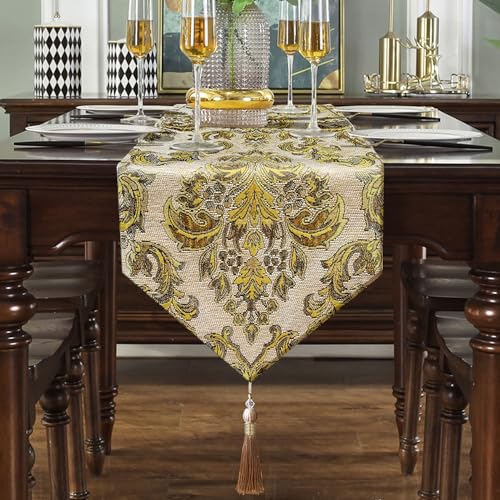 Luxury Table Runner Chenille Jacquard with Pretty Tassels Beige 60" - color: Beige, size: 13x60"