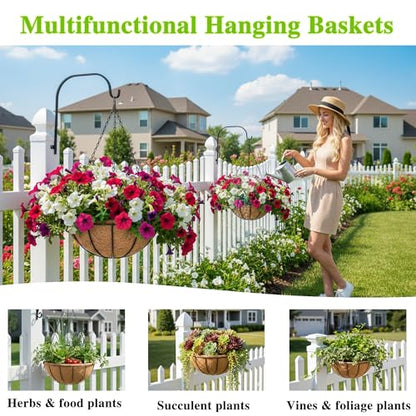 EIMQUVW 4 Pack Hanging Planter Basket with Coco Coin Liner 8 inch Hanging Flower Pots Outdoor Decorative Round Wire Plant Holder with Chain Metal Hanging Baskets for Plants Outdoor