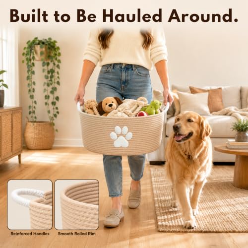 Dog Toy Basket with Handles, Boho Cotton Rope Storage Bin Organizer - color: Khaki / White Paw