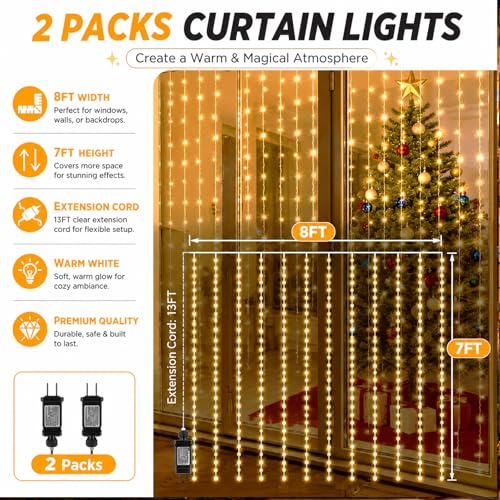 Afirst Led Curtain Lights for Bedroom, 2 Packs Curtain Fairy Lights Plug in